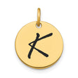 14k Yellow Gold Initial Pendant with Hand Drawn Letter K on Round Disc Charm