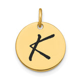 14k Yellow Gold Initial Pendant with Hand Drawn Letter K on Round Disc Charm