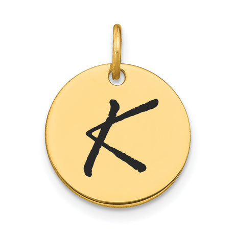 14k Yellow Gold Initial Pendant with Hand Drawn Letter K on Round Disc Charm