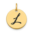 14k Yellow Gold Round Script Letter L Pendant, Polished Initial Disc Charm for Women or Unisex