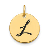 14k Yellow Gold Round Script Letter L Pendant, Polished Initial Disc Charm for Women or Unisex