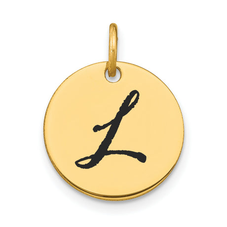 14k Yellow Gold Round Script Letter L Pendant, Polished Initial Disc Charm for Women or Unisex