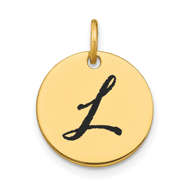 14k Yellow Gold Round Script Letter L Pendant, Polished Initial Disc Charm for Women or Unisex