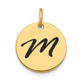 14k Yellow Gold Initial Pendant with Letter M, Round Disc Monogram Charm in Modern Script