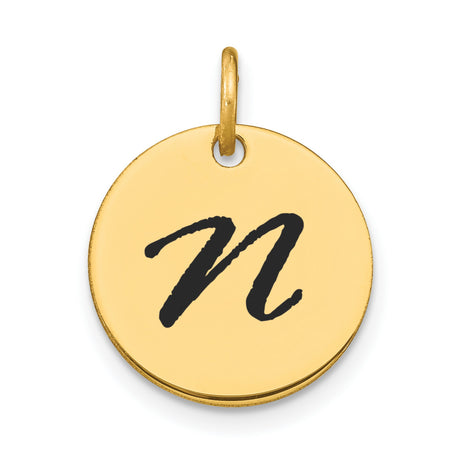 14k Yellow Gold Round Pendant with Bold Script Initial N, Unisex Letter Charm