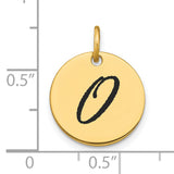 14k Yellow Gold Initial Pendant, Round Disc with Script Letter O, Unisex Monogram Charm