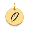 14k Yellow Gold Initial Pendant, Round Disc with Script Letter O, Unisex Monogram Charm
