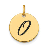 14k Yellow Gold Initial Pendant, Round Disc with Script Letter O, Unisex Monogram Charm