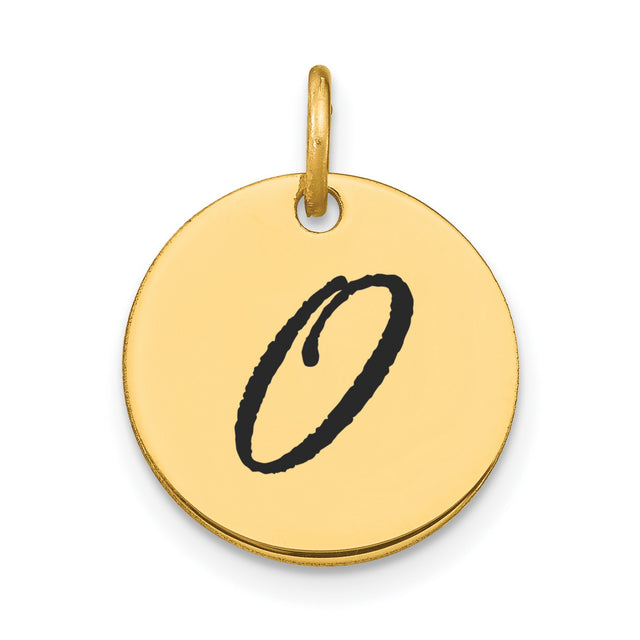 14k Yellow Gold Initial Pendant, Round Disc with Script Letter O, Unisex Monogram Charm