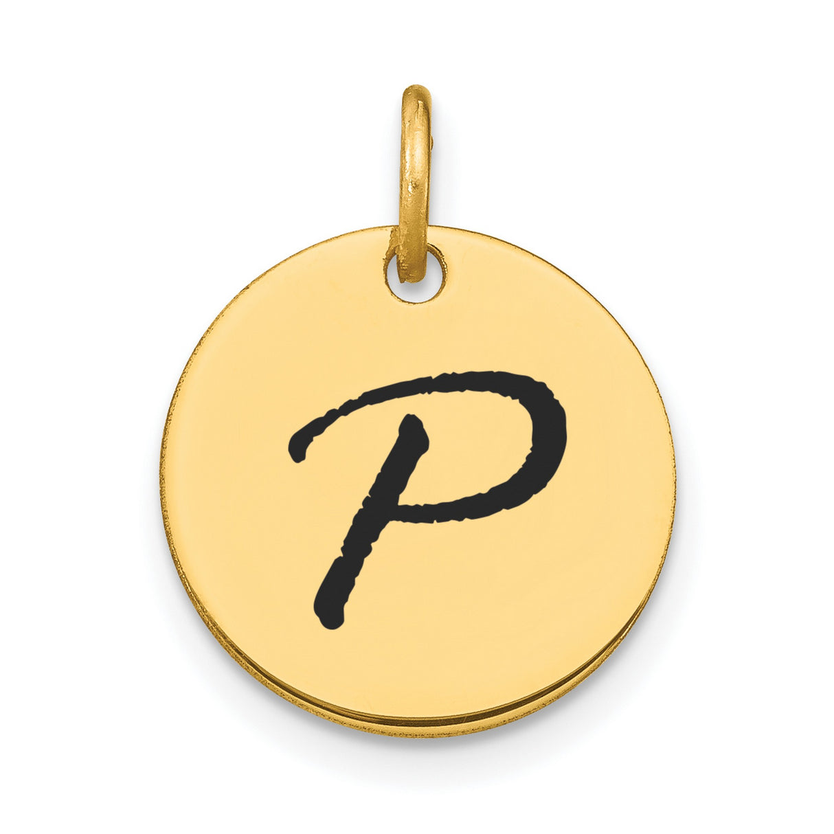 14k Yellow Gold Letter P Pendant Charm, Script Initial Disk for Women or Unisex Wear