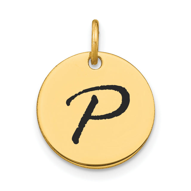 14k Yellow Gold Letter P Pendant Charm, Script Initial Disk for Women or Unisex Wear