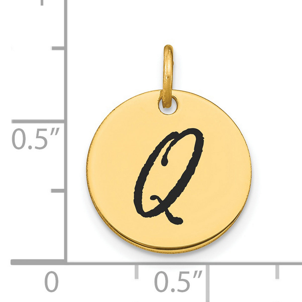 Polished Black Enamel Letter Q Initial Disk Charm Pendant in Real 14k Yellow Gold