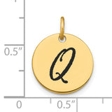 Polished Black Enamel Letter Q Initial Disk Charm Pendant in Real 14k Yellow Gold