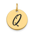 Polished Black Enamel Letter Q Initial Disk Charm Pendant in Real 14k Yellow Gold