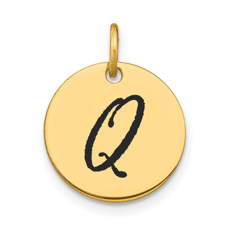 Polished Black Enamel Letter Q Initial Disk Charm Pendant in Real 14k Yellow Gold