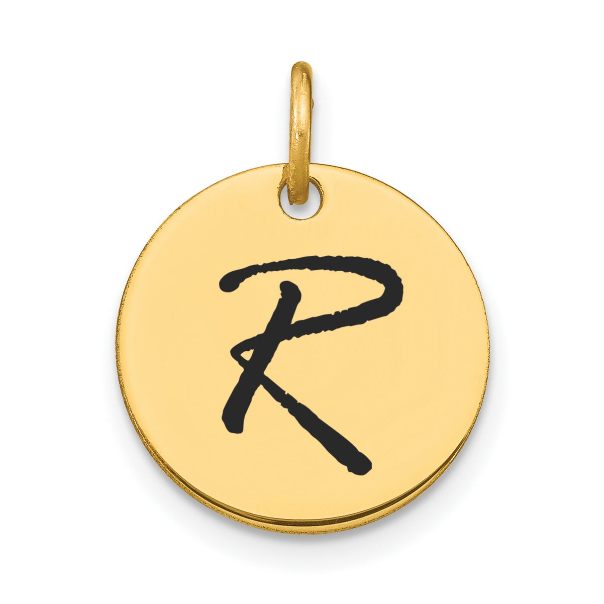 Polished Black Enamel Letter R Initial Disk Charm Pendant in Real 14k Yellow Gold