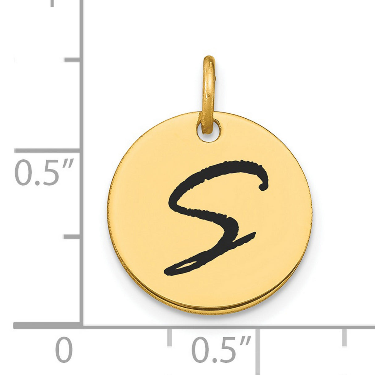 Polished Black Enamel Letter S Initial Disk Charm Pendant in Real 14k Yellow Gold
