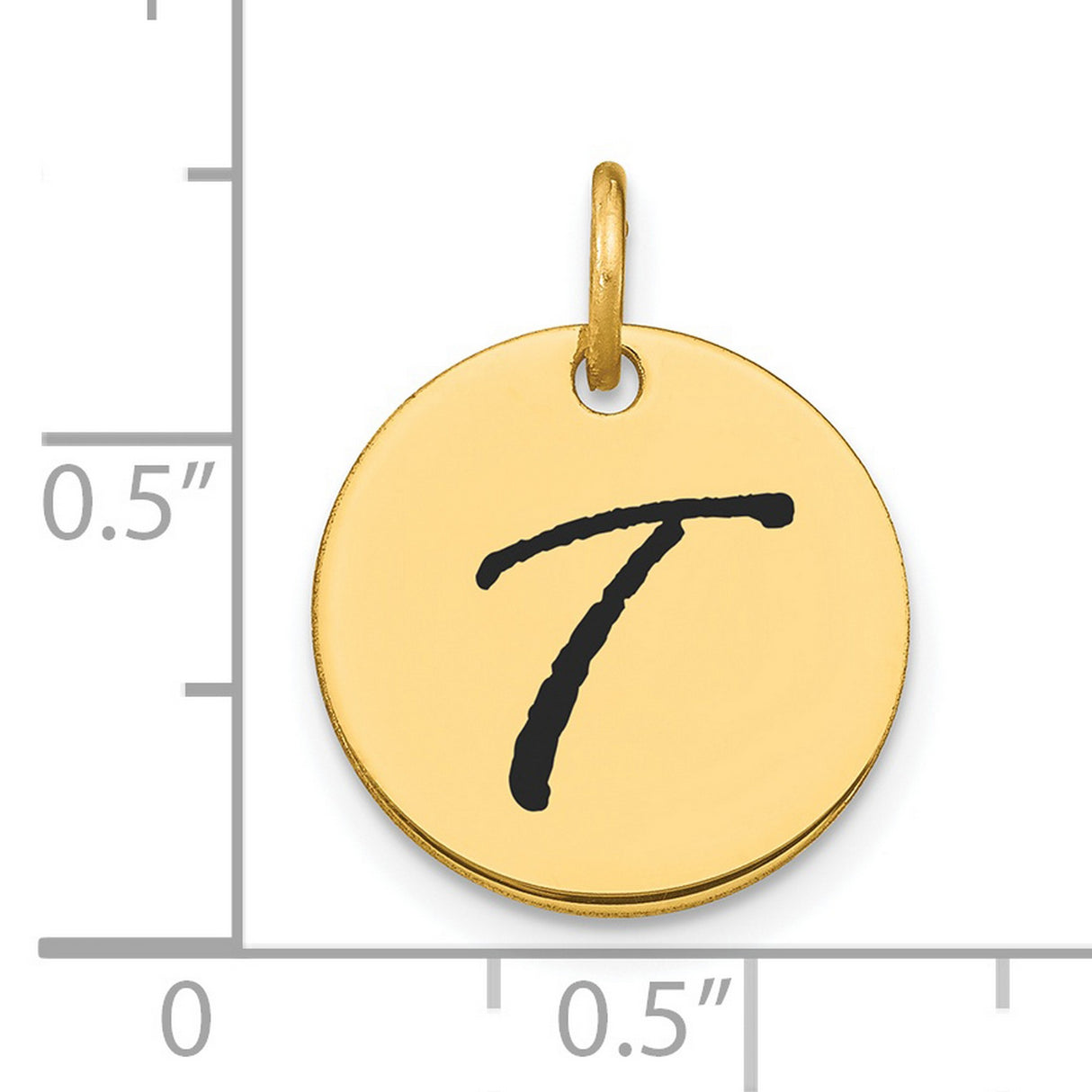 14k Yellow Gold Round Pendant, Script Letter T Initial Charm, Minimalist Alphabet Jewelry