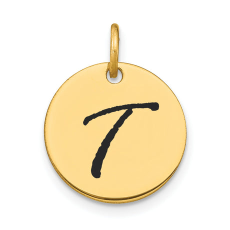 14k Yellow Gold Round Pendant, Script Letter T Initial Charm, Minimalist Alphabet Jewelry