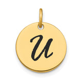 Polished Black Enamel Letter U Initial Disk Charm Pendant in Real 14k Yellow Gold