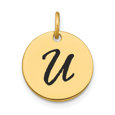 Polished Black Enamel Letter U Initial Disk Charm Pendant in Real 14k Yellow Gold