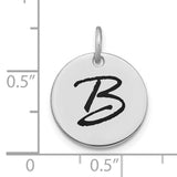 14k White Gold Round Pendant with Black Script Letter B, Custom Initial Charm