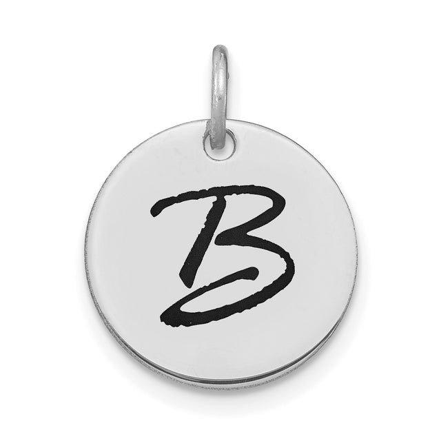 14k White Gold Round Pendant with Black Script Letter B, Custom Initial Charm