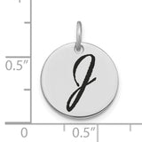 14k White Gold Round Pendant with Black Enamel Script Letter J Monogram Charm
