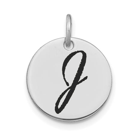 14k White Gold Round Pendant with Black Enamel Script Letter J Monogram Charm