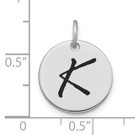 14k White Gold Initial Pendant with Black Script Letter K, Minimalist Monogram Charm