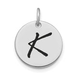14k White Gold Initial Pendant with Black Script Letter K, Minimalist Monogram Charm