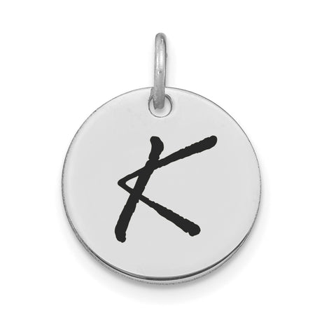 14k White Gold Initial Pendant with Black Script Letter K, Minimalist Monogram Charm