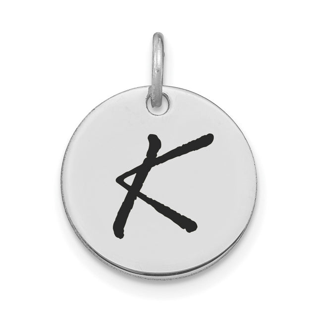 14k White Gold Initial Pendant with Black Script Letter K, Minimalist Monogram Charm