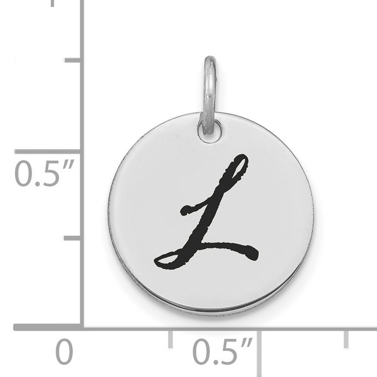 14k White Gold Initial Pendant with Black Script Letter L, Unisex Disk Charm