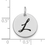 14k White Gold Initial Pendant with Black Script Letter L, Unisex Disk Charm
