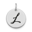 14k White Gold Initial Pendant with Black Script Letter L, Unisex Disk Charm