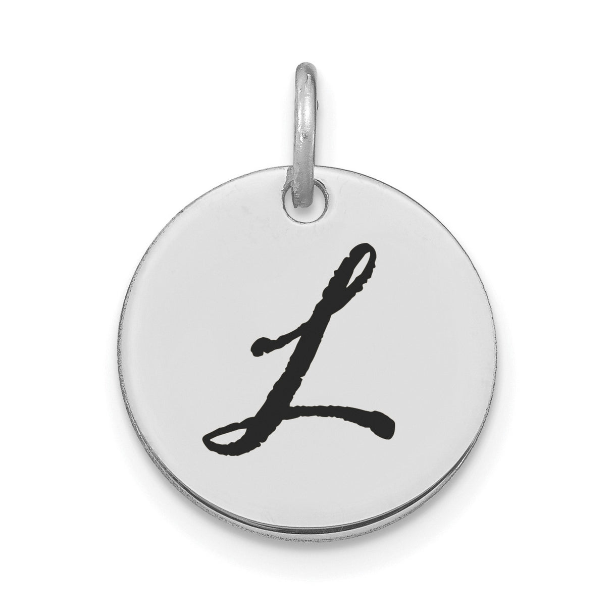 14k White Gold Initial Pendant with Black Script Letter L, Unisex Disk Charm