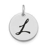 14k White Gold Initial Pendant with Black Script Letter L, Unisex Disk Charm
