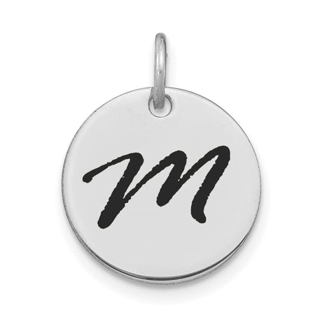 14k White Gold Letter M Pendant Charm, Bold Script Round Disc Monogram for Women or Unisex Wear