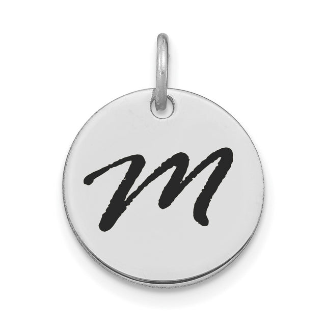 14k White Gold Letter M Pendant Charm, Bold Script Round Disc Monogram for Women or Unisex Wear