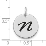 14k White Gold Initial Pendant with Letter N in Black Enamel Script, Unisex Monogram Charm