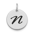 14k White Gold Initial Pendant with Letter N in Black Enamel Script, Unisex Monogram Charm