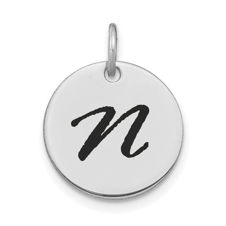 14k White Gold Initial Pendant with Letter N in Black Enamel Script, Unisex Monogram Charm