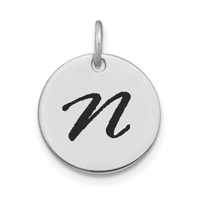 14k White Gold Initial Pendant with Letter N in Black Enamel Script, Unisex Monogram Charm
