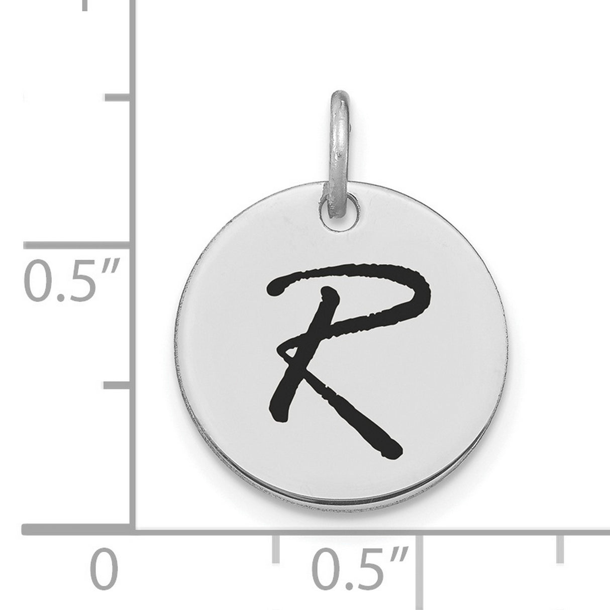 14k White Gold Script Initial Pendant with Letter R, Monogram Disc Charm