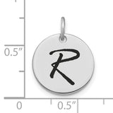 14k White Gold Script Initial Pendant with Letter R, Monogram Disc Charm