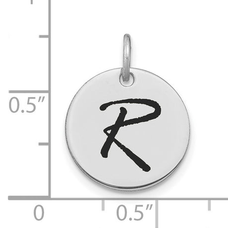 14k White Gold Script Initial Pendant with Letter R, Monogram Disc Charm