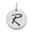 14k White Gold Script Initial Pendant with Letter R, Monogram Disc Charm