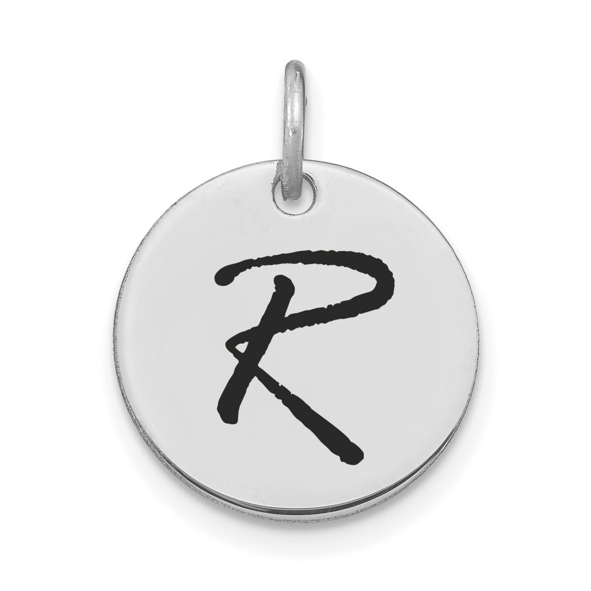 14k White Gold Script Initial Pendant with Letter R, Monogram Disc Charm