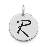 14k White Gold Script Initial Pendant with Letter R, Monogram Disc Charm